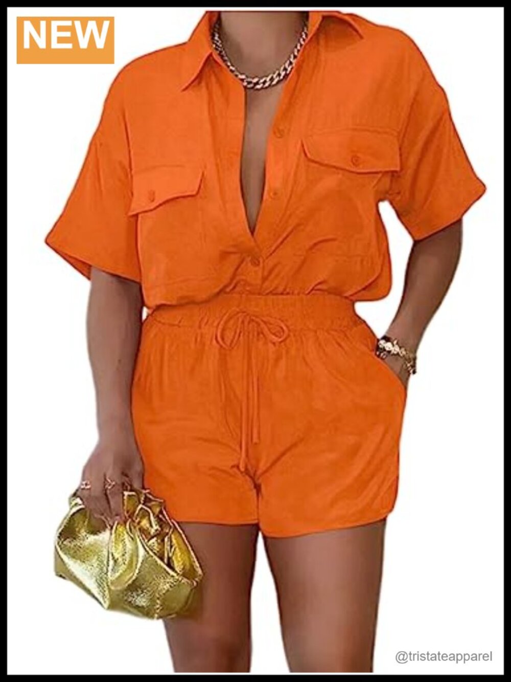 Women's 2 Piece Short Sleeve Button Down Top & Shorts Set with Pockets